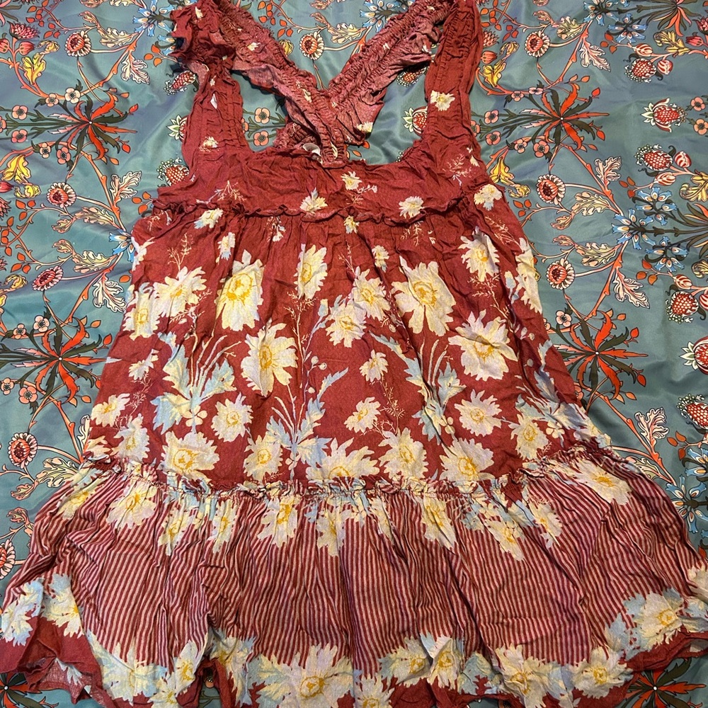 Free People Soft Red and Pale Yellow Floral Sundress/(Cover-up/Nightie) - Picture 3 of 8